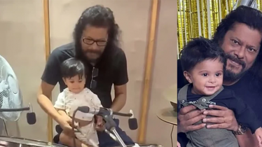 James teaches drums to son